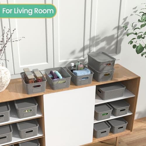 Plastic Storage Baskets with Lid-Plastic Storage Containers Stackable Storage bins: Storage Baskets for Organizing Shelves Drawers Desktop Closet Playroom Classroom Office,8 Pack-Gray10.2x7.2x4.1Inch view 5