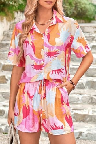 PRETTYGARDEN 2 Piece Sets for Women Summer Clothes 2026 Printed Button Down Shirts Tops Lounge Shorts Beach Vacation Outfits view 4