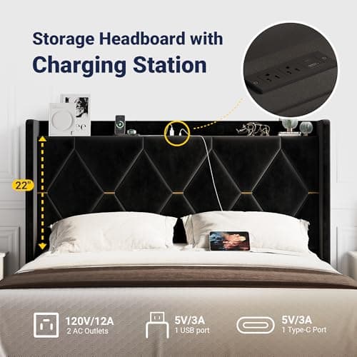 Allewie Velvet Full Size Upholstered Bed Frame with Wingback Storage Headboard & Charging Station, Platform Bed with Diamond Tufted Design & Gold Trim, No Box Spring Needed, Easy Assembly, Black view 4