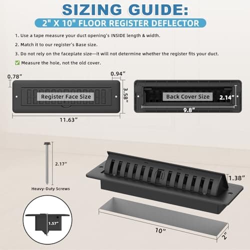 2x10 Floor Register with Vent Deflector, 2 in 1 Adjustable Floor Vent Covers, Floor Vent Deflector Includes Mounting Screws for Floor & Wall for Easy Install, Toe Kick Vent Cover, Black, 2 Pack view 2