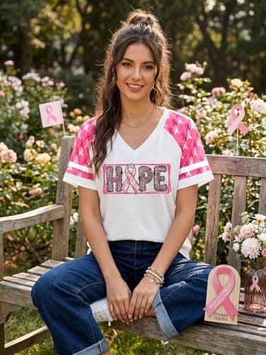 Eatbook Breast Cancer Shirts for Women Pink Ribbon Graphic V Neck Tee Tops view 2