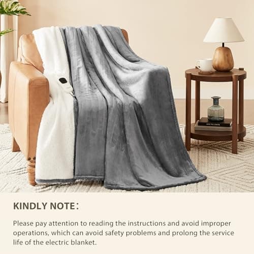 Homemate Heated Blanket Electric Throw - 50"x60" Heating Blanket Throw 1/2/4/6/8 Hours Auto-Off 10 Heat Level Over-Heat Protection Flannel Sherpa ETL Certification view 6