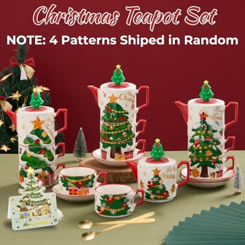 Christmas Tea Set with Removable Infuser, Atarvana Ceramic Tea Set with 1pcs 450ml Teapot, 2pcs 240ml Tea Cups and Saucers, 2pcs Spoons with Gift Box for Family and Kids Christmas Gift view 3