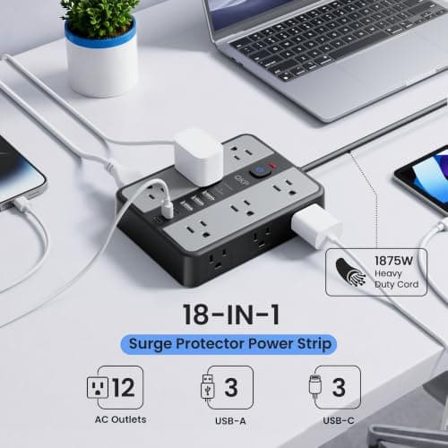 2400J Surge Protector Power Strip with 12 Outlets, 6 USB (3 USB C), 6 FT | 0.5" Thin 45° Flat Plug, 1.7" Wide-Spaced Outlets, 2400J Surge Protection & 1875W/15A Overload Protection for Home & Gaming view 2