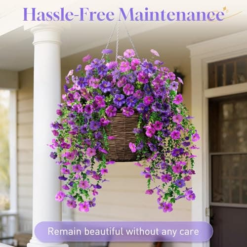 BlessedSeason 2 Pcs Artificial Hanging Flowers, UV Resistant Fake Flowers with Flexible Stems, Full Bundle Faux Flowers for Outdoor Planters, Zero Maintenance for Patio, Garden, Balcony, Double Purple view 6