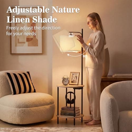 ONEWISH Modern Floor Lamp with Table, Charging Station (USB/Type-C/AC Port), 3 Temperatures, 9W Blub, Round End Table for Bedroom & Living Room (White) view 6