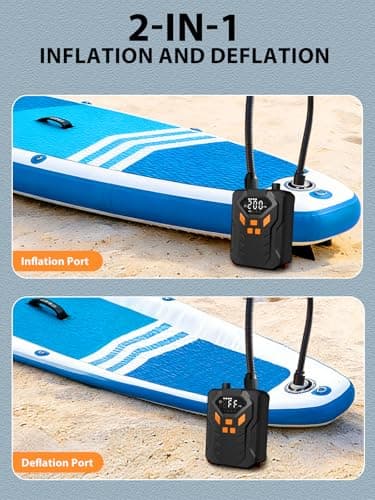 AIRSURE Electric Paddle Board Pump, 20PSI Portable Rechargeable SUP Air Pump, Dual Stage Inflation & Deflation, Auto-Off Air Compressor for Stand Up Paddle Boards, Surfing Kite, Tent, Boat, Kayaks view 6
