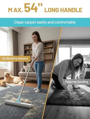 Carpet Rake for Pet Hair Removal: DELOMO Carpet Scraper Broom with 54” Adjustable Long Handle, Dual-Sided, Metal + Short Silicone for Carpets & Rugs, Extended Silicone for Shag Rugs & Hard Floors view 4