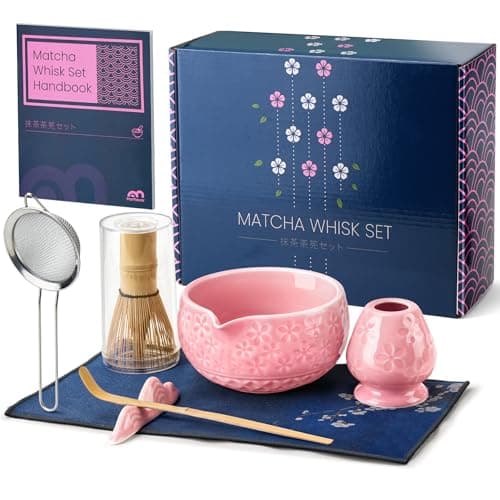 7Pcs Matcha Whisk Set, Matcha Set Whisk and Bowl,Bamboo Scoop, Scoop Rest, Sifter and Tea Towel, Matcha Kit W/Carved Cherry Blossm Pattern for Matcha Lovers (Sakura Pink) — image 1
