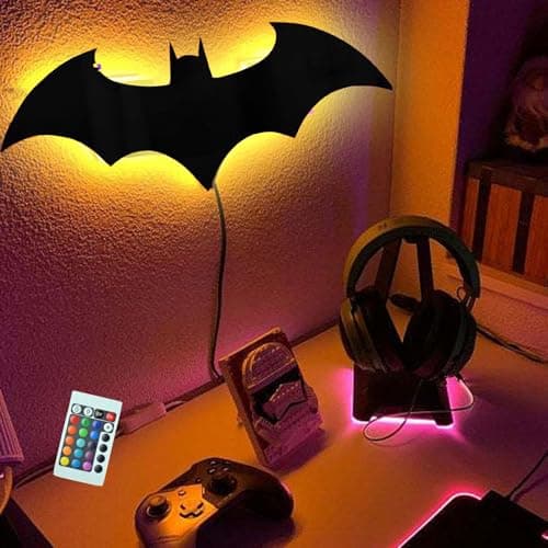 Bat Night Light Superhero LED Signal Cool Lamp with 16 Colors Remote Control Wall Sconce Acrylic Engraved Neon Sign Light Room Wall Decor for Bedroom Party Birthday Xmas Gifts (Black Bat) view 2