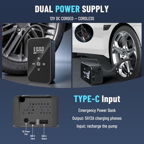 ZOOTEALY Tire Inflator Portable Air Compressor: Cordless Tire Pump for Car Tires with Digital Pressure Gauge & Auto Shutoff - Battery & 12V DC Dual Power Mini Air Pump for Car, Motorcycle, Bike, Balls view 4