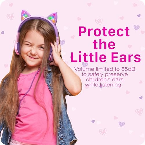 FosPower Kids Headphones with LED Cat Ears (85dB Safe Volume Limit), 3.5mm Soft On-Ear Wired Headphones with Tangle-Free Laced Cables for iPad/Tablet/School/Travel - Baby Pink/Lavender view 4