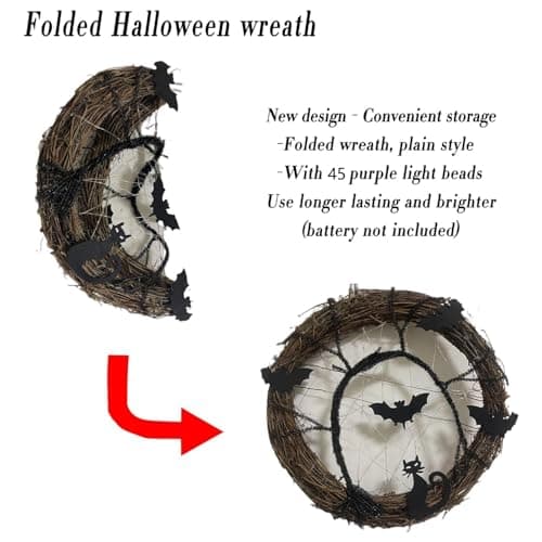 Halloween Wreaths for Front Door, 15 Inch Halloween Lighted Wreath with Bat and Cat Decor, 45 LED Purple Lights Battery Operated, Front Door Porch Wreath Decorations for Holiday Party view 3