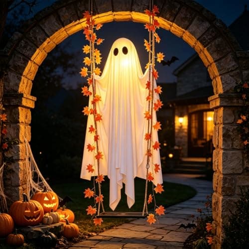 Swinging Ghost Outdoor Decor,4.4FT Halloween Decorations Outdoor Indoor with Ghost on A Swing for Outside Garden Yard Porch Tree,Hanging Large Spooky Cute Ghosts with String Lights for Party view 5