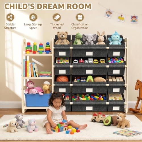 HONGDDY Toy Storage Organizer with 3 Shelves and 12 Bins, Bookshelf/Bookcase, Kids Bin Shelf, Toys Box for Playroom Organization for Bedroom & Room view 6