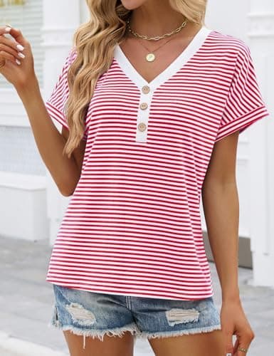 JUSTFASHIONNOW Womens Striped Henley T Shirts Short Sleeve V Neck Summer Tops 2026 Button Front Dressy Casual Blouses view 4