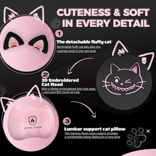 GTPOFFICE Cute Gaming Chair with Cat Ears,Ergonomic Computer Chair with Footrest Cat Paw Lumbar Support Comfortable Reclining Game Chair Desk Chair for Adult Teens, Soft Fabric, Pink Black view 4