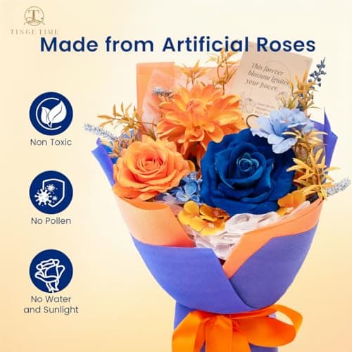 TINGE TIME Preserved Flowers Bouquet, Orange & Navy Blue Roses Gift Bouquet, Eternal Roses Bouquet for Wedding, Table Centerpieces, Mothers Day, Birthday Gifts, Anniversary, Graduation view 5