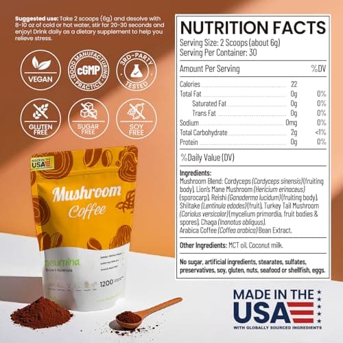 Neumina 6-in-1 Mushroom Coffee, Energy Coffee with 6 Adaptogenic Mushrooms (Cordyceps, Lion's Mane, Reishi, Chaga, Shiitake, Turkey Tail Total 1200mg), Almost30 Servings, 180g view 2