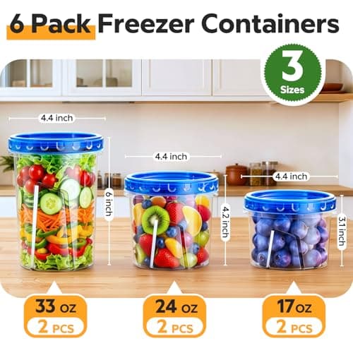 HOMETALL Freezer Storage Containers, [6 Pack- 33/24/17 OZ] Airtight Plastic Food Storage Containers with Twist Top Lids, Soup, Meal Prep Containers | BPA Free | Stackable | Leakproof | Microwave Safe view 2