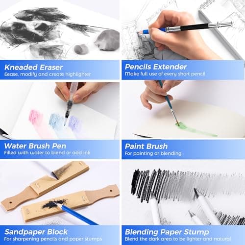 106 Pack Art Supplies Sketching Kit with 3-Color Sketchbook, Coloring Book, Tutorial, Graphite Colored Charcoal Watercolor & Metallic Pencils, Drawing Supplies Gift Case for Artists Beginners Adults view 6