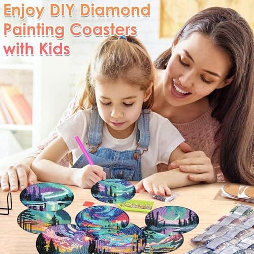 ijbnhd 8 Pcs Aurora Diamond Art Coasters Kits, Landscape Diamond Painting Coasters Kit with Holder, Diamonds Art Non Slip Coaster Crafts Kits for Adults Gifts 4x4 inch (Cork Wooden Pad) view 5