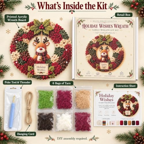 Christmas Wreath Kit 3D Fabric Poke Art, DIY Wreath Making Craft, Reindeer with Holiday Wishes Sign, Holiday Door and Wall Decor view 6