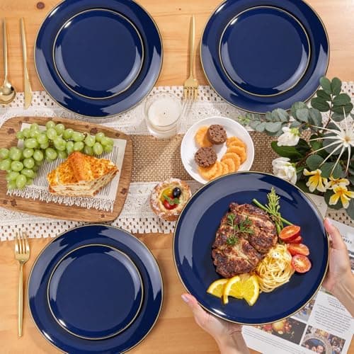 PULOTE 200 Pieces Blue Plastic Plates - Navy Blue and Gold Disposable - Include 100PCS 10 inch Dinner & 100PCS 7 inch Dessert Plate for Party & Graduation view 5