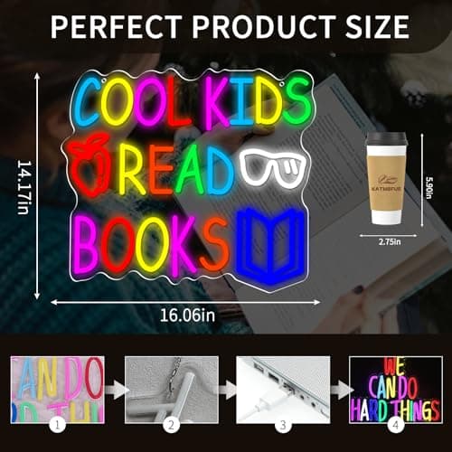 Cool Kids Read Books Neon Sign for Wall Decor, Reading Letter LED Neon Lights Library Neon Signs, Kids Room Reading Corner Classroom Christmas Bedroom Decoration 16.06 x 14.17 inch view 3