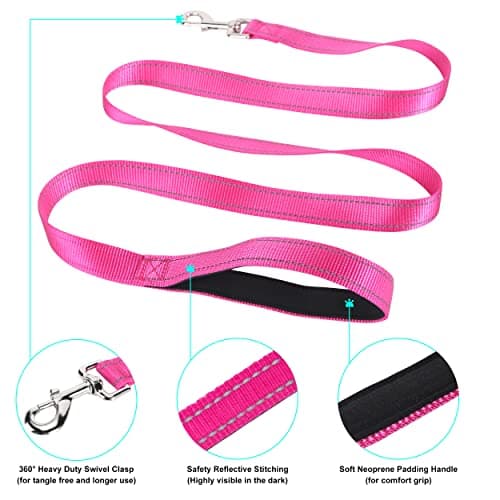 Jumpress Soft Neoprene Padded Dog Collar and Leash Set for Small Medium Large Dogs, Reflective Durable Nylon Dog Collar with 5ft Leash Easy for Walking, Hot Pink,Neck fit 10.5-15.5’’ view 4