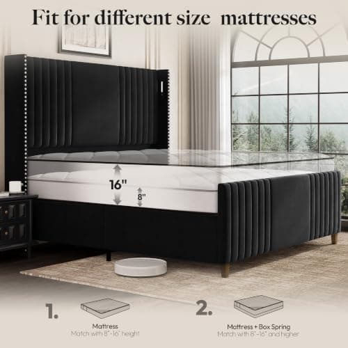 Belffin 59" Tall King Size Platform Bed Frame with 2 Touch Lights, Black | Nailhead Trim Velvet Upholstered Wingback Bed, Mid Century Modern, Solid Wood Legs, 2 Side Pockets, Easy Assembly, Noise Free view 3
