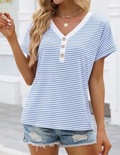 JUSTFASHIONNOW Womens Striped Henley T Shirts Short Sleeve V Neck Summer Tops 2026 Button Front Dressy Casual Blouses view 4