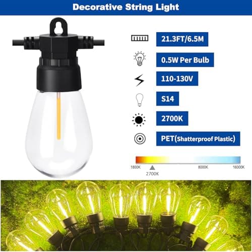 Amazing power LED Edison String Lights Outdoor, S14 Bulbs Warm White 2700K - 21.3FT Vintage Shatterproof Patio Festoon Lights for Garden Party Wedding Backyard Décor view 2