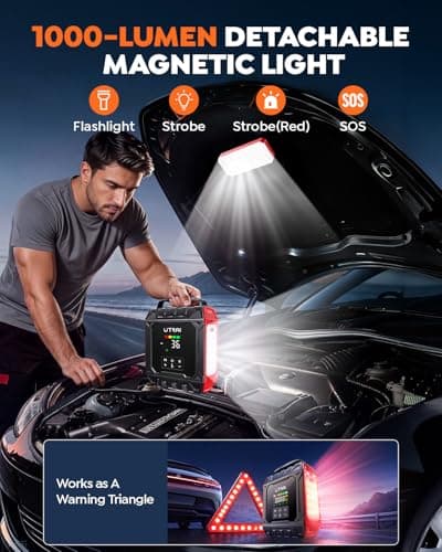 UTRAI 8000A Jump Starter with Air Compressor 160PSI,All Gas/12L Diesel, Red | Car Battery Jumper Starter, 1000LM Detachable Light, Portable Car Jump Starter, Tire Inflator, Tire Repair Kit, Power Bank view 3