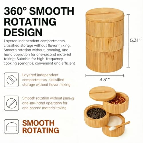 DegoCython 3-Layer Bamboo Salt Container with Magnetic Lid and Spoon, Large Capacity 10.5 Oz (Approx 287.7g) - Ideal for Celtic Sea Salt, Redmond Real & Pepper Storage view 3