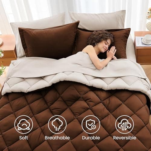 MUXHOMO 7 Pieces Full Comforter Set, Reversible Bed in a Bag Full Size, All Season Bedding Set with Comforter, Flat Sheet, Fitted Sheet, Pillowcases & Shams, Brown & Khaki view 6