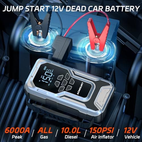 ACMOUNT D18 6000A Jump Starter with Air Compressor 150PSI, 12V Jump Box | Car Jumper Starter Portable(All Gas/10.0L Diesel) with Jump Cables, Tire Inflator, 800LM Flashlight, Power Bank, Gift for Men view 2