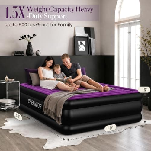 CHERIMOR Air Mattress Queen with Built in Pump, Anti-Sag Horizontal Beam | 18in Raised Blow Up Mattress, 3-Min Inflation, 800 lb Heavy-Duty Support, Reinforced PVC, Air Bed for Home Guests Camping view 5