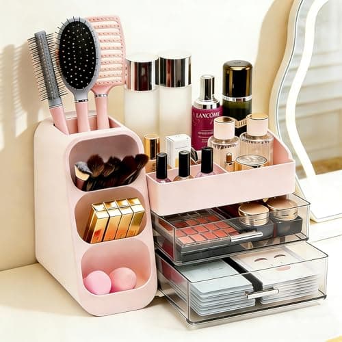 Makeup Organizer Countertop, Spacious Cosmetic Display Case with Makeup Brush Holder, Perfect Vanity Bathroom Organizer and Storage, Pink view 2