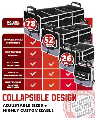 Car Trunk Organizer with Portable Leak Proof Cooler Bag, 3 Compartments Collapsible Car Organizers and Storage with Foldable Cover, Christmas Gifts, Suitable for SUV, Auto, Truck, Minivan view 3