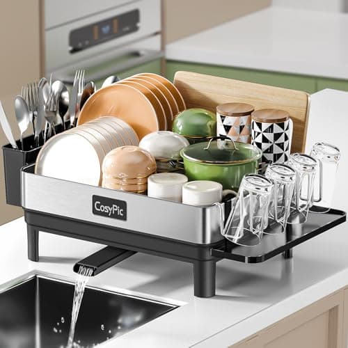 CosyPic Dish Racks, Thicker Premium 304 Stainless Steel Dish Drying Rack for Kitchen Counter, Automatic Drainage Spout, Dish Drainer & Drainboard Set with Utensil Holder and Cup Holder, Black view 1