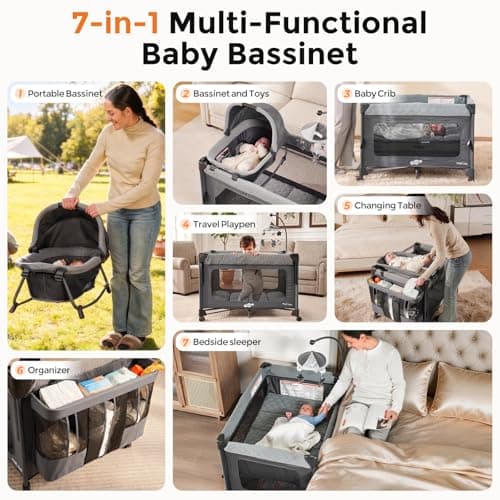 Pamo Babe Pack and Play with Bassinet - 7 in 1 One-Step Setup Bedside Crib, Portable Playpen, Travel Crib, Baby Playard with Diaper Changing Station, Toy Bar & Large Storage Bag view 3