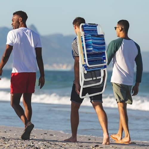 Tall Beach Chairs for Adults, 17" High Backpack Beach Chair with Wooden Armrests, 5 Positions Reclining Heavy Duty Chair with Large Cooler Pouch, Support to 350LBS Striped Blue,2pack view 6