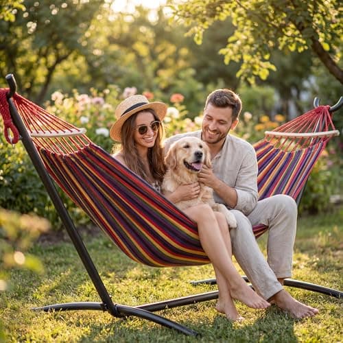 Double Hammock with Stand for 2 Person, 600 lb Capacity, Rainbow view 5
