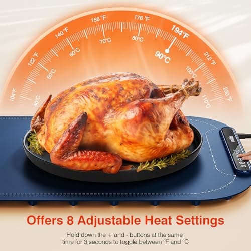 Warming Mat for Food, Voriah Electric Warming Tray with 99H Timer & 8 Temperature Settings, Foldable Food Warmer with °C/°F Switch, Keeps Food Warm at Buffets, Sabbath, Family Gatherings（Navy Blue） view 3