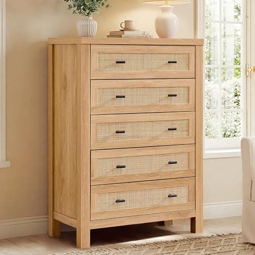 VIAGDO Rattan Dresser for Bedroom, Vertical Tall Rattan Dresser with 5 Storage Drawers, Boho Wood 5 Drawer Dresser with Thick Legs, Wooden Chest of Drawers for Bedroom, Entryway, Living Room, Natural view 6