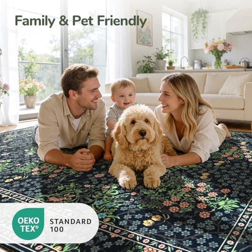 Lessymo Floral Black Green Washable Rugs 8x10, Living Room Area Rug Non Slip Boho Low Plie Large Carpet for Bedroom Dining Room Home Office, Vintage Flower Decor Distressed Retro Indoor view 4