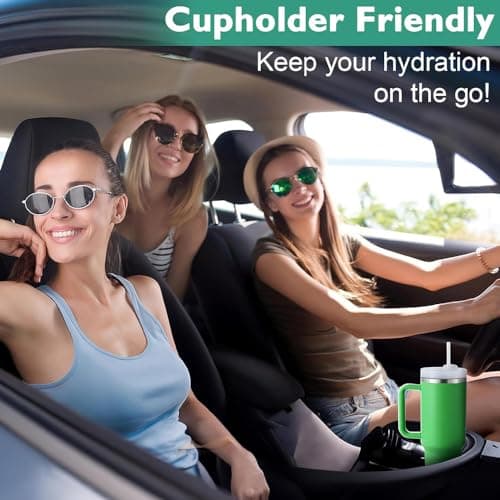 REVGOZU 40 Oz Tumbler with Handle Straw Lid Insulated Stainless Steel Vacuum Reusable Coffee Cup Holder Friendly Keep Drinks Cold Gifts for Lover Women Men Car Gym Travel (Green) view 6