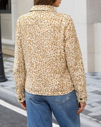 GRAPENT Leopard Cheetah Print Jean Jacket Women Casual Denim Trucker Jacket | Stretchy Denim Jacket, Animal Print, Button Down, Long Sleeve, Side Pockets, Western Outfit, Fall Outfits for Women view 2