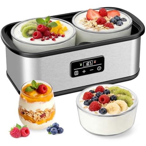 Yogurt Maker with Two Containers, Yogurt Maker Machine with Adjustable Temperature & Time Control, Automatic Shut-Off & Constant Temper for Homemade Probiotic Yogurt, Promoting Gut Health